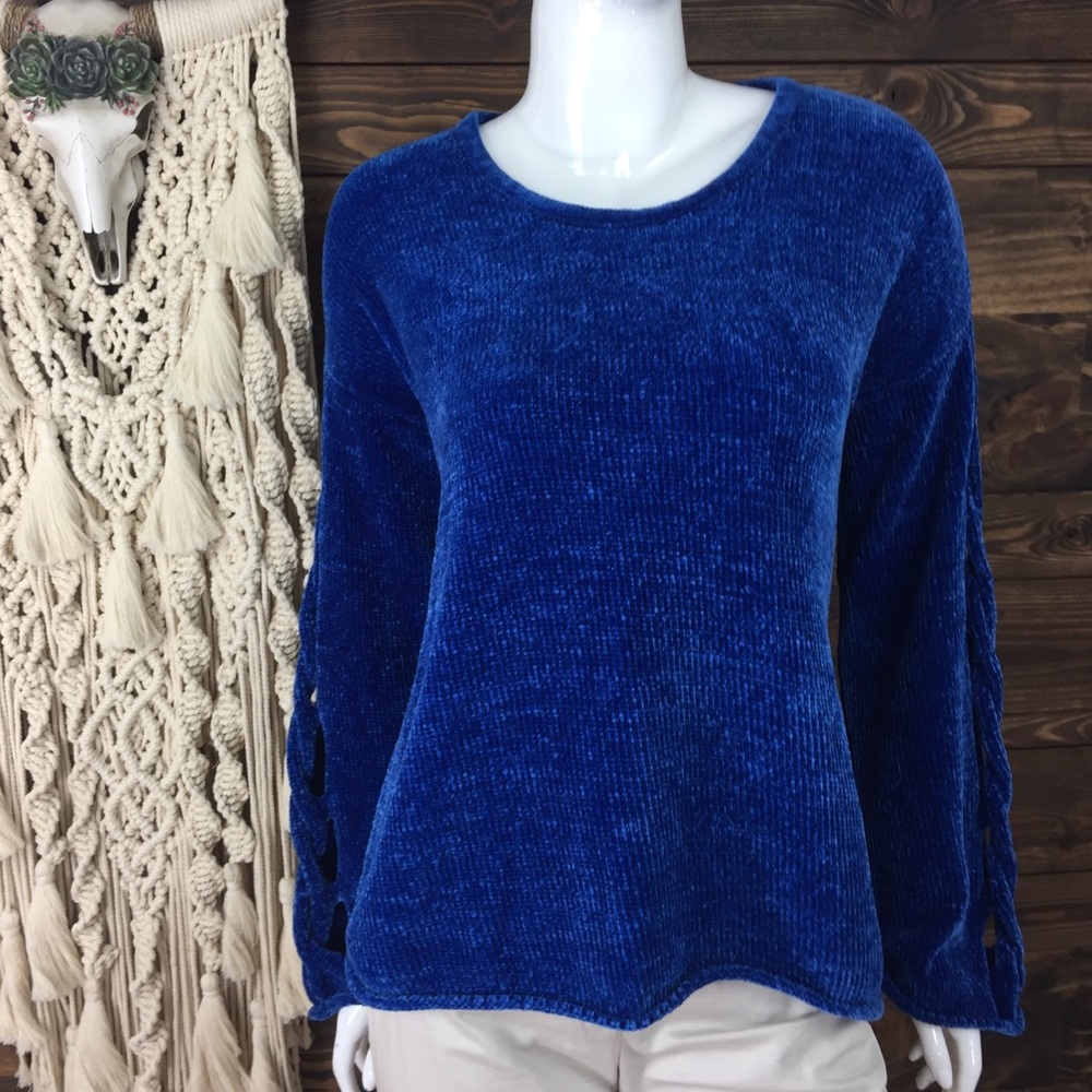 Style & Co | Ribbed Velvet Oversized Sweater Braid Knit Vibrant Royal Blue Color
